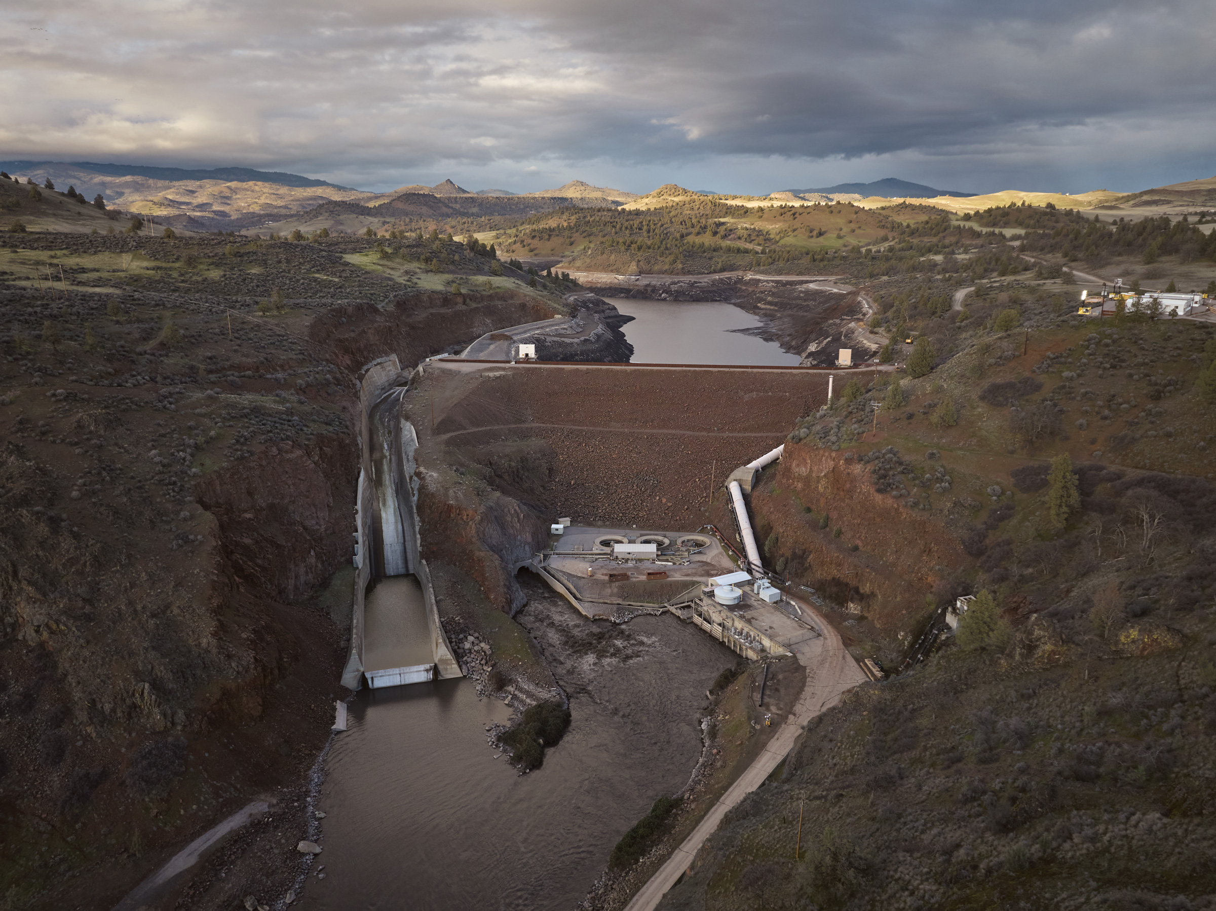 A view over Iron Gate Dam outside of Hornbrook, California, in February. The reservoir’s water level has continued to fall since drawdown began in January.