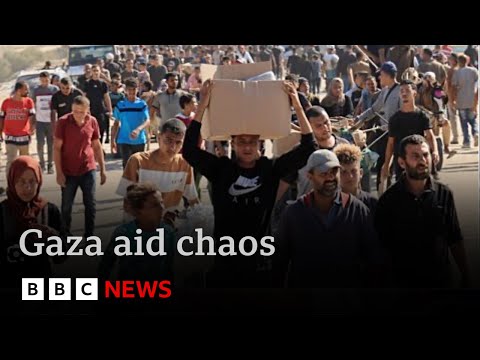 desperate-palestinians-overrun-controversial-food-distribution-centre-in-gaza-|-bbc-news