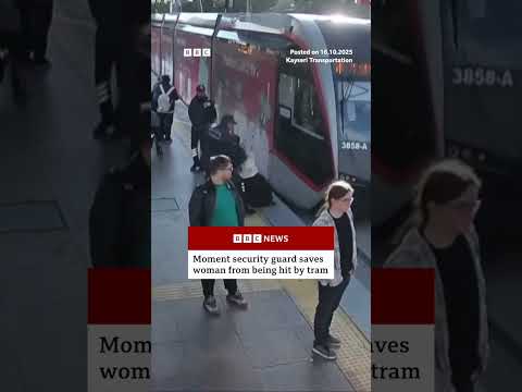 security-guard-saves-woman-from-being-hit-by-tram.-#turkey-#bbcnews
