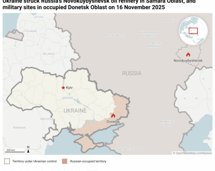 ukraine-strikes-russia’s-novokuybyshevsk-oil-refinery-with-new-bars-drones-in-sixth-hit-on-same-site-(video)