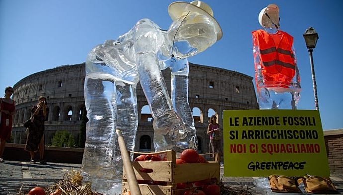 italy:-melting-ice-statues-protest-heatwave-conditions-in-rome