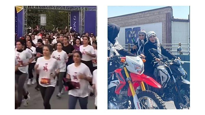 contrast-in-tehran-as-unveiled-women-race-marathon-alongside-regime-military-display