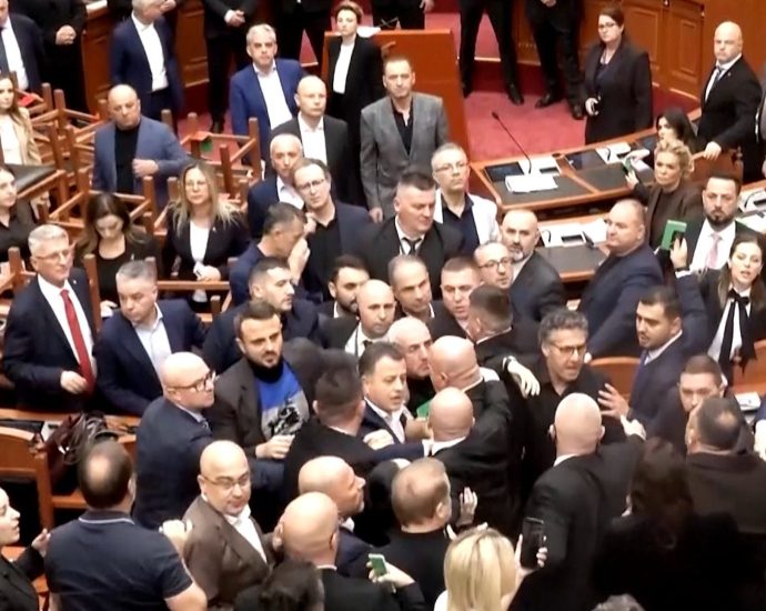 albanian-lawmakers-scuffle-in-parliament-as-street-protests-continue