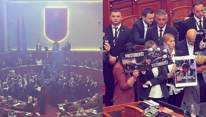 albania:-opposition-mps-disrupt-parliament-with-smoke-flares